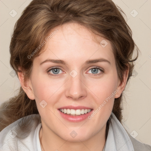 Joyful white young-adult female with medium  brown hair and blue eyes