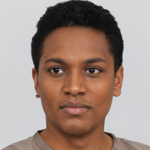 Neutral black young-adult male with short  black hair and brown eyes