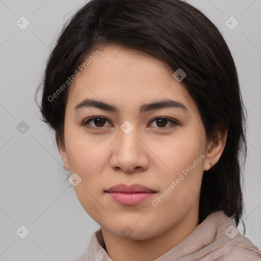 Joyful white young-adult female with medium  brown hair and brown eyes