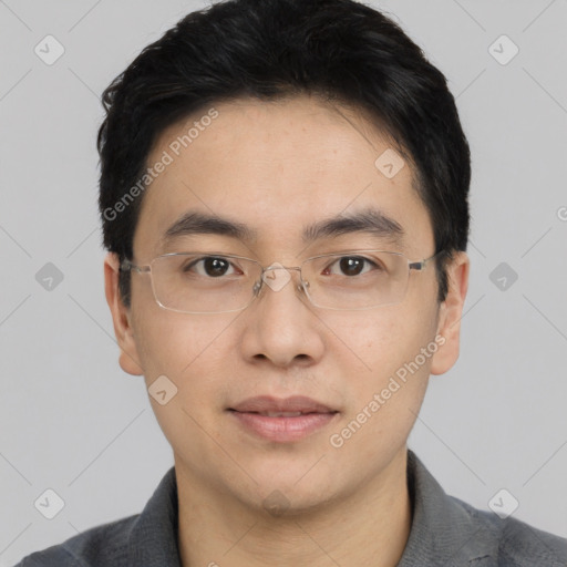 Neutral asian young-adult male with short  black hair and brown eyes