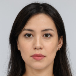 Neutral asian young-adult female with long  brown hair and brown eyes