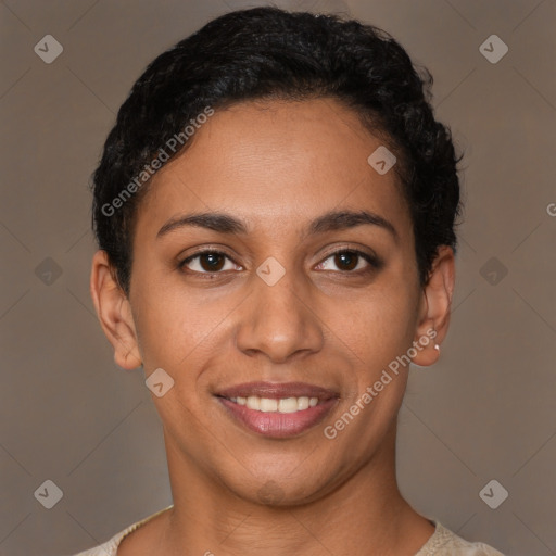 Joyful latino young-adult female with short  brown hair and brown eyes