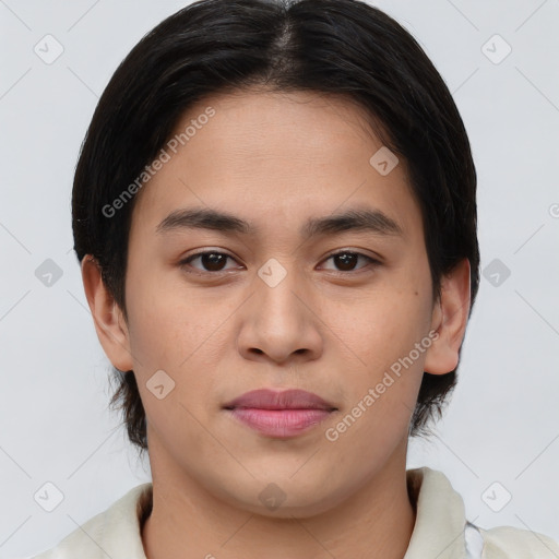 Joyful asian young-adult female with short  brown hair and brown eyes