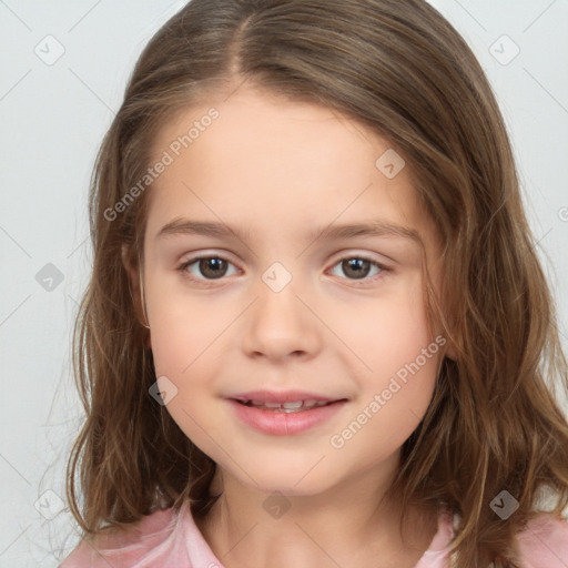 Joyful white child female with medium  brown hair and brown eyes