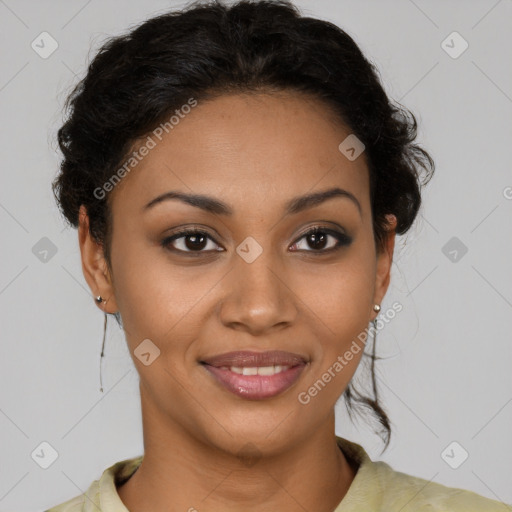 Joyful latino young-adult female with short  brown hair and brown eyes