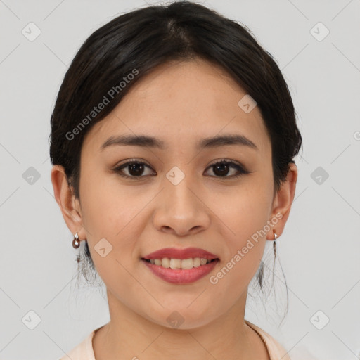 Joyful asian young-adult female with medium  brown hair and brown eyes