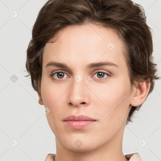 Neutral white young-adult female with short  brown hair and brown eyes