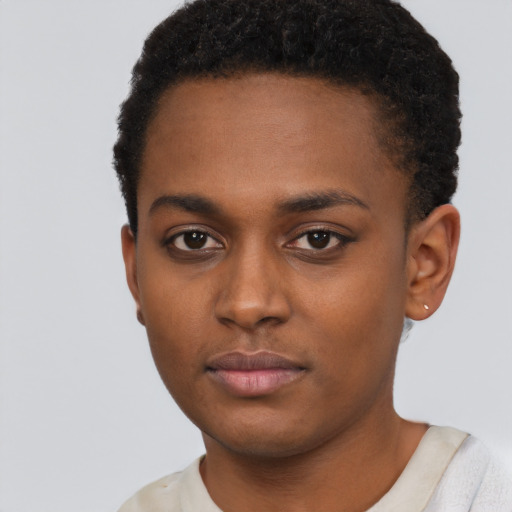 Neutral black young-adult female with short  brown hair and brown eyes