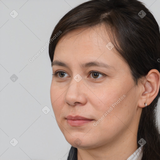 Neutral white young-adult female with medium  brown hair and brown eyes