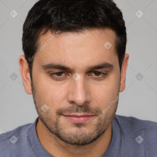 Neutral white young-adult male with short  brown hair and brown eyes