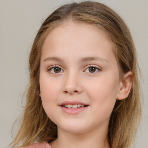 Joyful white child female with medium  brown hair and brown eyes