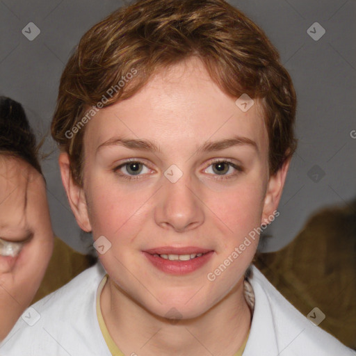 Joyful white young-adult female with medium  brown hair and blue eyes