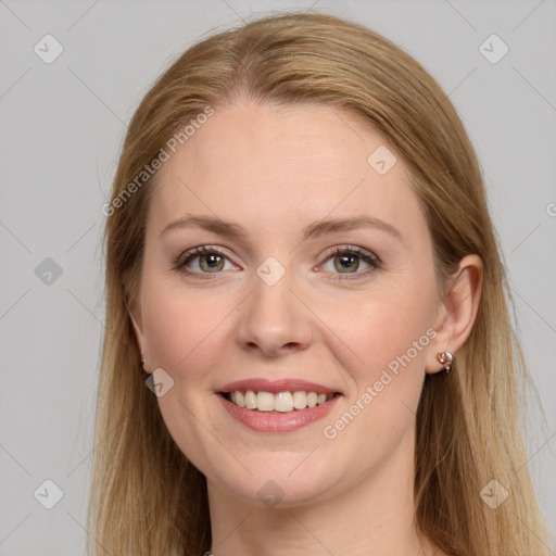 Joyful white young-adult female with long  brown hair and grey eyes