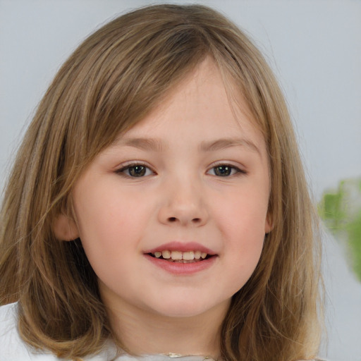 Joyful white child female with medium  brown hair and brown eyes