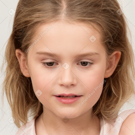 Joyful white child female with medium  brown hair and brown eyes