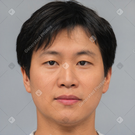 Neutral asian young-adult male with short  brown hair and brown eyes