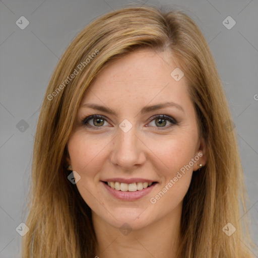 Joyful white young-adult female with long  brown hair and brown eyes