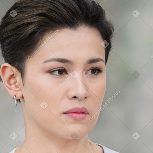 Neutral white young-adult female with medium  brown hair and brown eyes