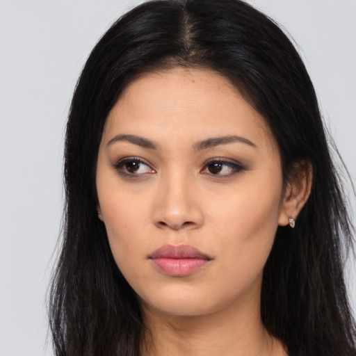 Neutral asian young-adult female with long  black hair and brown eyes