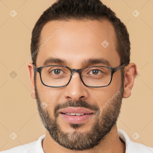 Neutral white young-adult male with short  brown hair and brown eyes