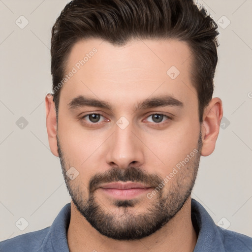 Neutral white young-adult male with short  brown hair and brown eyes