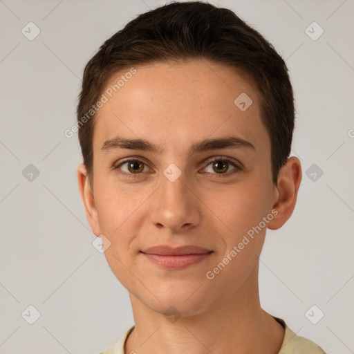 Joyful white young-adult female with short  brown hair and brown eyes