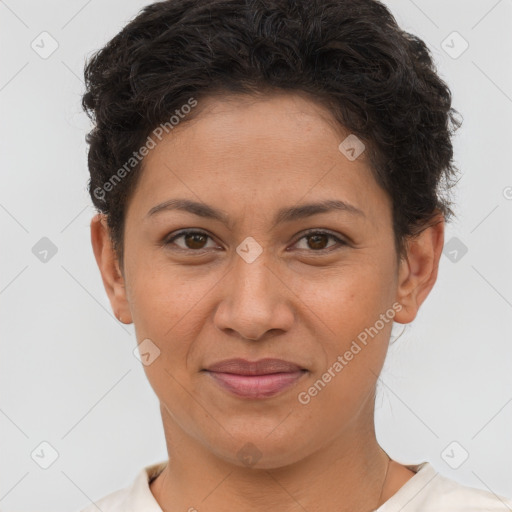 Joyful white adult female with short  brown hair and brown eyes