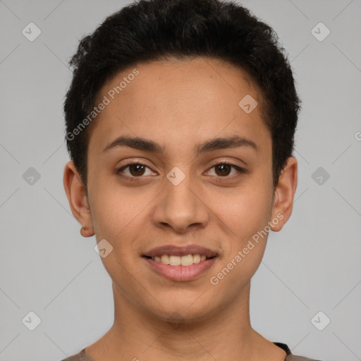 Joyful latino young-adult female with short  brown hair and brown eyes