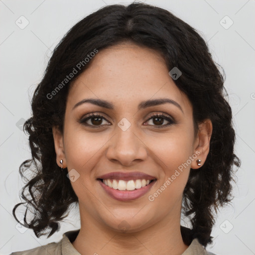 Joyful latino young-adult female with long  brown hair and brown eyes