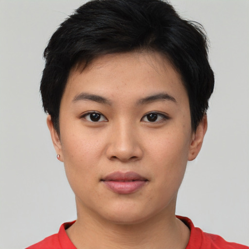 Neutral asian young-adult female with short  black hair and brown eyes