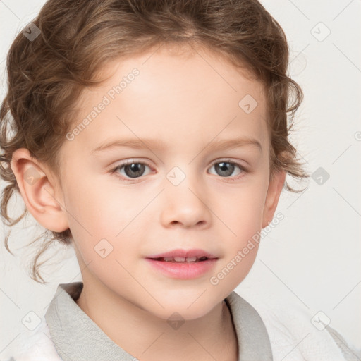 Joyful white child female with short  brown hair and brown eyes