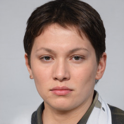 Neutral white young-adult female with short  brown hair and brown eyes