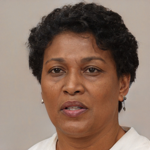 Neutral black adult female with short  brown hair and brown eyes