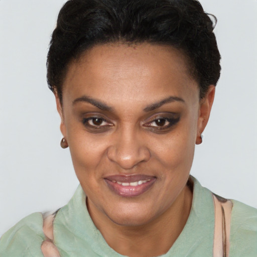 Joyful black young-adult female with short  brown hair and brown eyes
