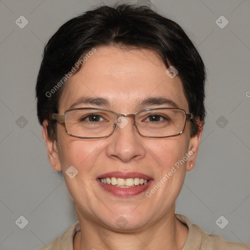 Joyful white adult female with short  brown hair and brown eyes