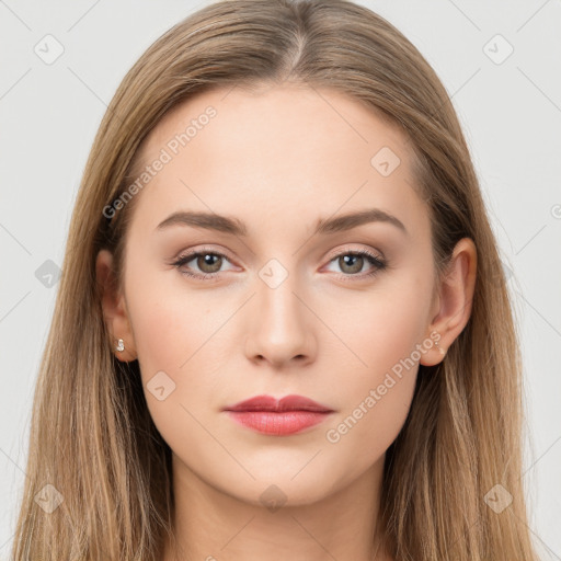 Neutral white young-adult female with long  brown hair and brown eyes