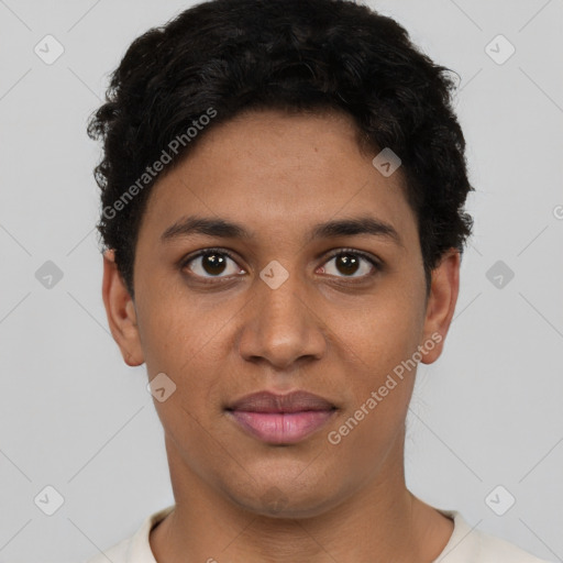 Joyful latino young-adult female with short  black hair and brown eyes