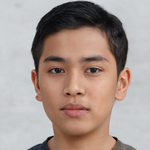 Neutral asian young-adult male with short  black hair and brown eyes