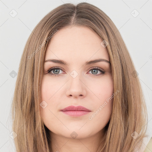 Neutral white young-adult female with long  brown hair and brown eyes