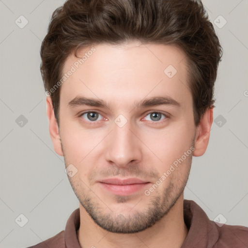 Neutral white young-adult male with short  brown hair and grey eyes