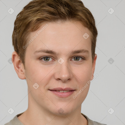 Joyful white young-adult female with short  brown hair and grey eyes