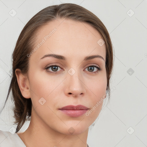 Neutral white young-adult female with medium  brown hair and blue eyes