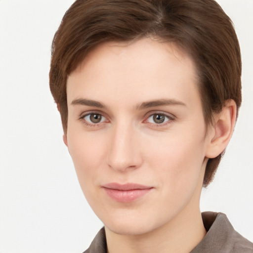 Neutral white young-adult female with short  brown hair and brown eyes