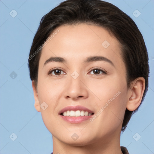 Joyful white young-adult female with short  brown hair and brown eyes