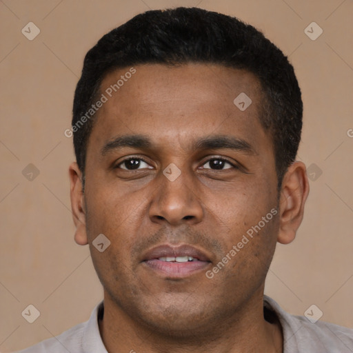 Neutral latino young-adult male with short  black hair and brown eyes