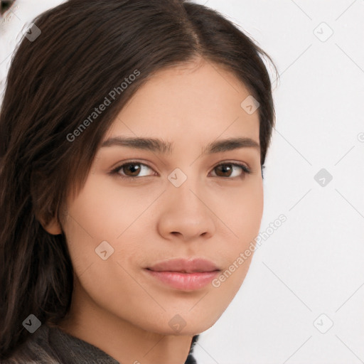 Neutral white young-adult female with long  brown hair and brown eyes