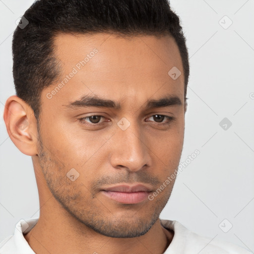 Neutral white young-adult male with short  brown hair and brown eyes