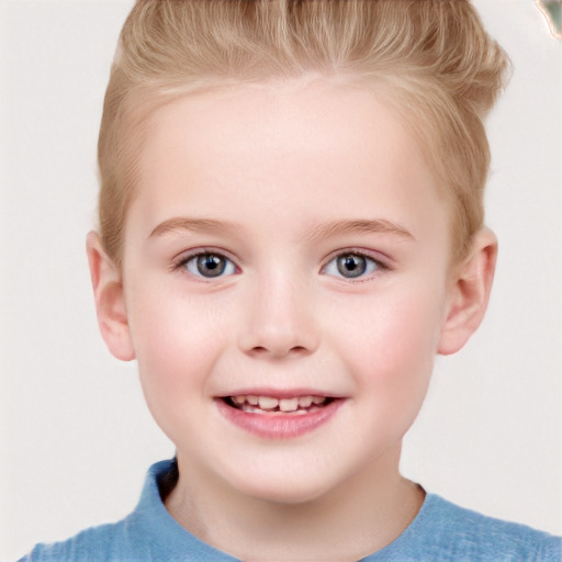 Joyful white child female with short  brown hair and grey eyes