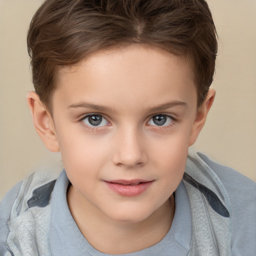 Joyful white child female with short  brown hair and brown eyes