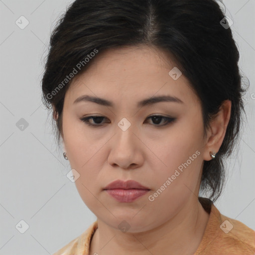 Neutral asian young-adult female with medium  brown hair and brown eyes